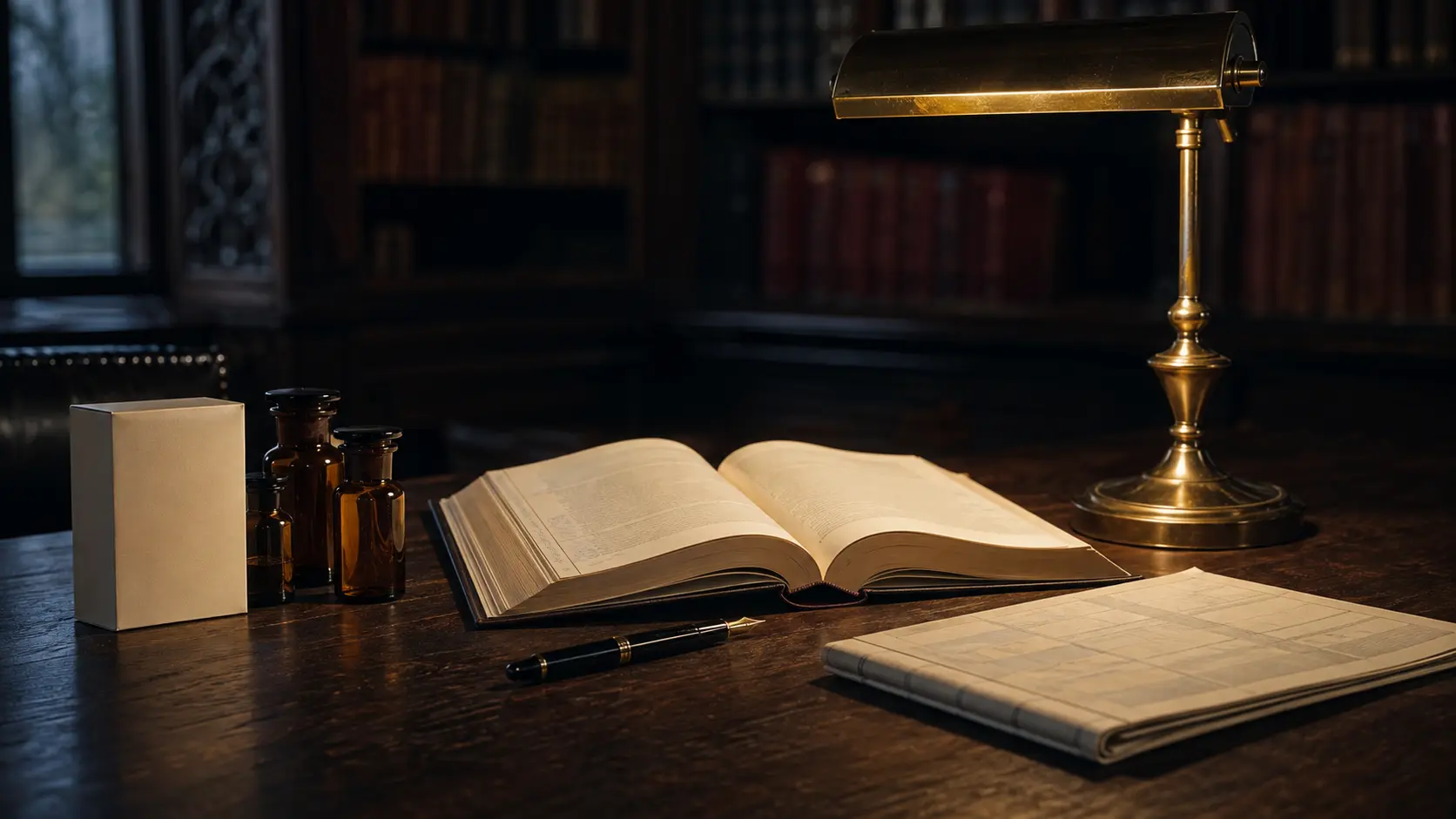 An open legal volume, pharmacy vials, data ledger, fountain pen, and brass reading lamp on a dark-oak desk